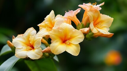 Fototapeta premium Vibrant Yellow to Orange Blooms of Tropical Flowers Against a Lush Green Foliage Background : Generative AI