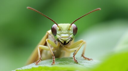 Fototapeta premium Close Up Macro Shot of Green Grasshopper on Leaf with Bokeh Background : Generative AI
