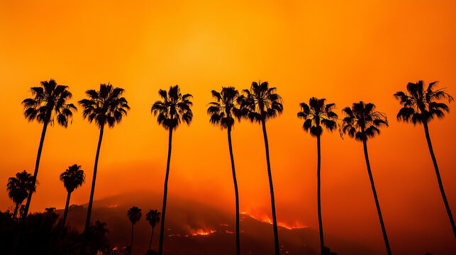 Iconic palm trees silhouetted against an orange sunset in Los Angeles with smoke rising from the hills