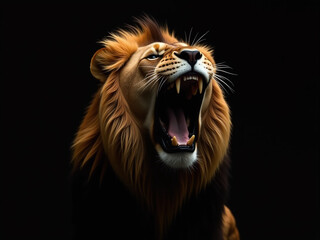 Obraz premium A Regal Lioness Emits A Powerful Roar, Her Majestic Voice Echoing Through The Darkness Of A Black Studio Backdrop. 00002