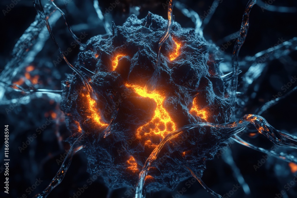 Poster detailed visualization of a virus structure highlighting capsid, spikes, and rna strands with glowin