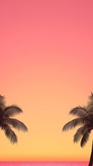 Obraz premium Tropical beach landscape at sunset featuring palm trees silhouetted against a vibrant sky with gradient colors of pink and orange, creating a serene and idyllic vacation scene