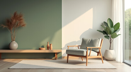 sunlit room with light-grey armchair wooden bench
