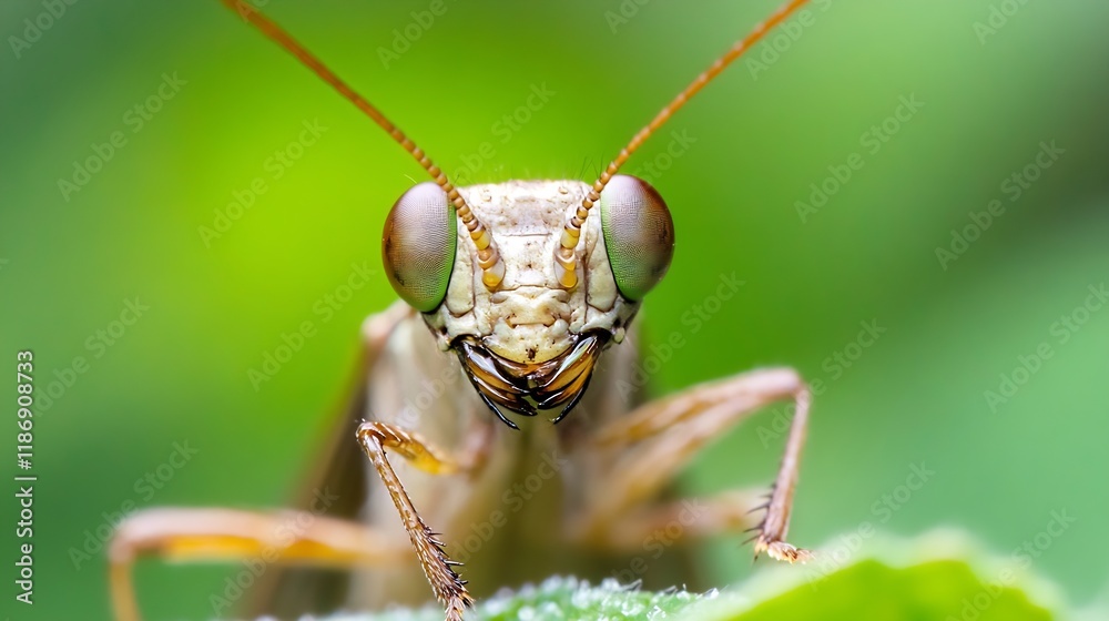 Aufkleber Macro Shot of Praying Mantis on Green Leaf with Detailed and Sharp Focus on Insect Features : Generative AI