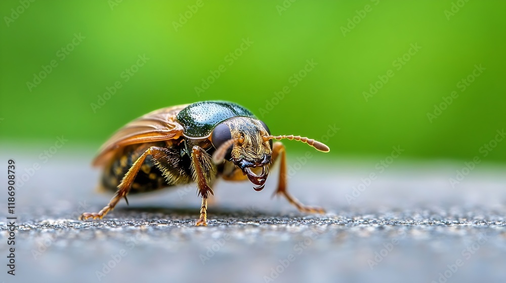 Poster Closeup of a beetle on a surface with a vibrant blurred green background in nature : Generative AI