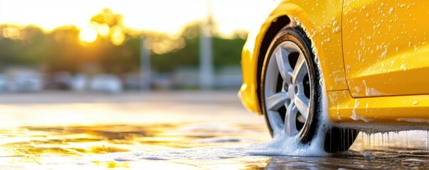 A close-up of a yellow car wheel splashing water at sunset, highlighting the vibrant color and reflective surface.