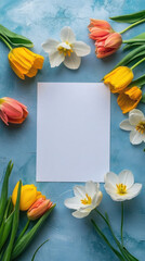 Colorful tulips and white flowers create a vibrant frame around a blank sheet of paper on a blue surface,copy space