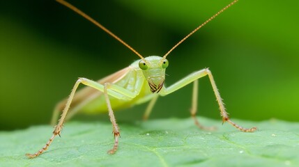 Fototapeta premium CloseUp of a Green Grasshopper on a Leaf with Blurred Green Background : Generative AI