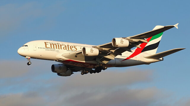 Airbus A380 Emirates airlines landing at Melbourne Airport, Australia