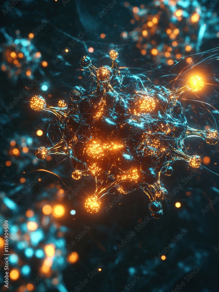 Poster detailed 3d visualization of virus structure showcasing capsid, spikes, and rna strands with glowing