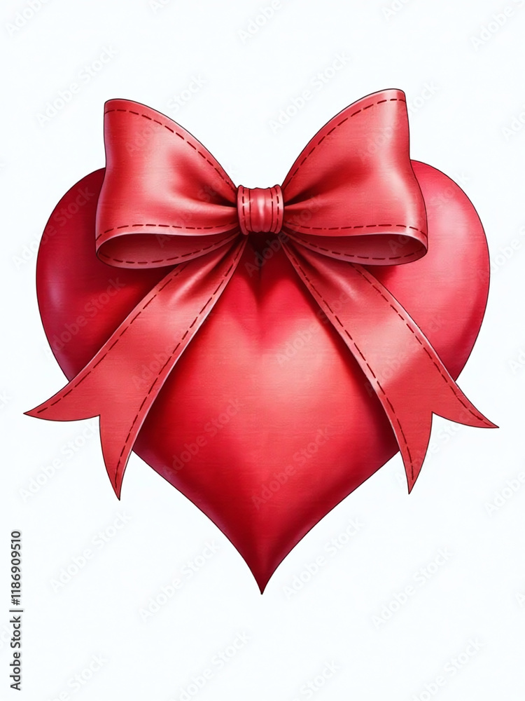 Poster a red heart with a bow is isolated on a white background in watercolor style as a png file. 00002
