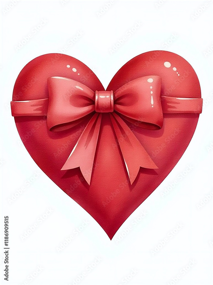 Poster a red heart with a bow is isolated on a white background in watercolor style as a png file. 00001