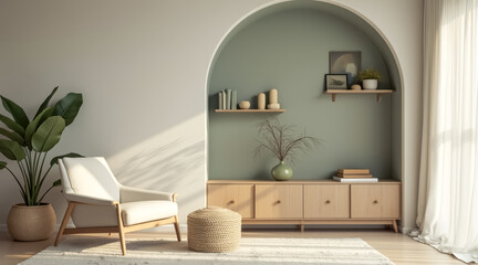 sunlit living room with a beige armchair wooden cabinet
