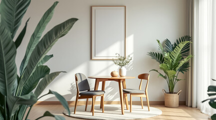 minimalist dining room with wooden table gray chairs