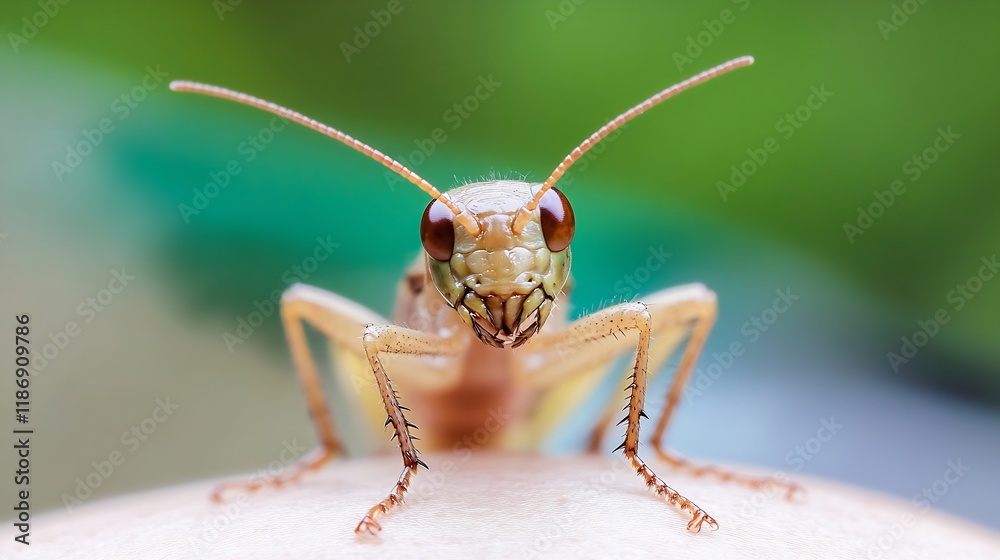 Poster Macro Closeup of a Grasshopper on Wood with Crisp Detail and Vibrant Colors : Generative AI