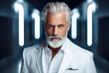 Confident older man with silver hair and beard wearing a white suit in a modern hallway with glowing lights at night