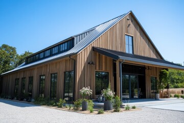 Nestled in a tranquil landscape, this contemporary wooden barn features expansive windows that invite natural light and an inviting entrance that welcomes guests