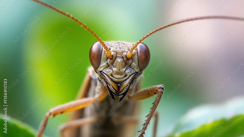Poster close up of praying mantis with intense eye detail on lush greenery background : generative ai