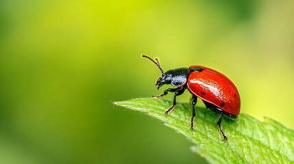 Naklejka premium Bright red beetle sitting on fresh green leaf with blurred background in macro nature photography : Generative AI