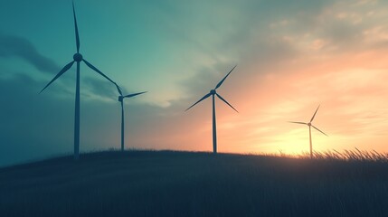 Obraz premium Silhouetted Wind Turbines at Sunset on Grassy Hill : Generative AI