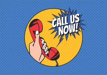 Retro-style "Call Us Now" phone graphic for contact information