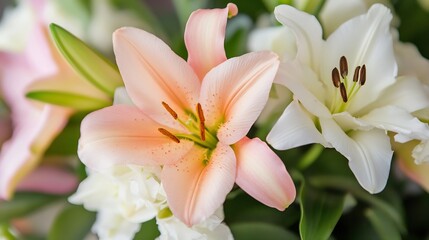 Fototapeta premium Closeup of Elegant Pink and White Lily Blossoms in Vibrant Sunlit Garden Setting : Generative AI