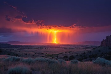 Stunning sunset lightning strike illuminating a desert landscape during a summer storm