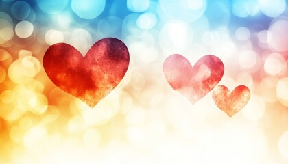 Fototapeta premium Romantic background with painted red, pink, hearts, bokeh, and copy space for Valentine s Day.