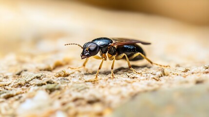 Fototapeta premium Detailed Closeup of a Small Black Beetle Crawling on Rocky Surface Outdoors : Generative AI