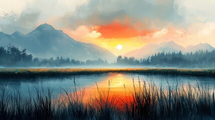 Fototapeta premium Serene sunset over misty lake and mountains.