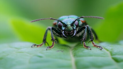 Naklejka premium Macro Shot of Vibrant Green Beetle on Leaf Displaying Detailed Texture : Generative AI