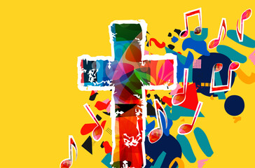Creative music style template vector illustration, colorful cross with music staff and notes background. Religion themed design for gospel church music and concert, choir singing, Christianity, prayer