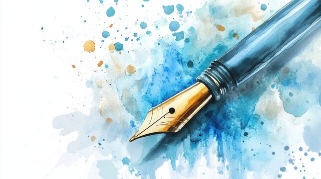 National Ghostwriters Week Elegant fountain pen with blue watercolor splashes for artistic inspiration and creative writing concepts