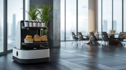 Autonomous office robot carrying coffee cups and snacks to a meeting room.