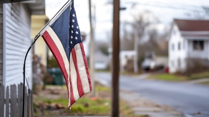 Weathered American Flag in Suburban Setting on Overcast Day with Houses Nearby : Generative AI