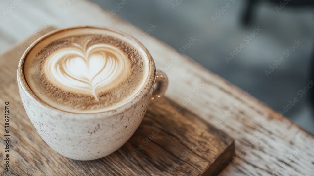 Aufkleber Artistic Coffee Cup with Heart Latte Art on Rustic Wooden Table : Generative AI