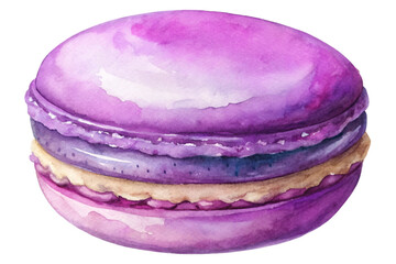 Purple watercolor macaron, vibrant dessert illustration, sweet pastry art, culinary decoration, food styling.