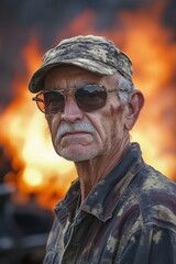 Fototapeta premium Refired Not Retired Day Stoic elderly man in camouflage gear with dramatic fire backdrop