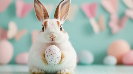 A cute rabbit holds a speckled egg in a pastel-themed setting, perfect for Easter celebrations with vibrant decorations in the background.