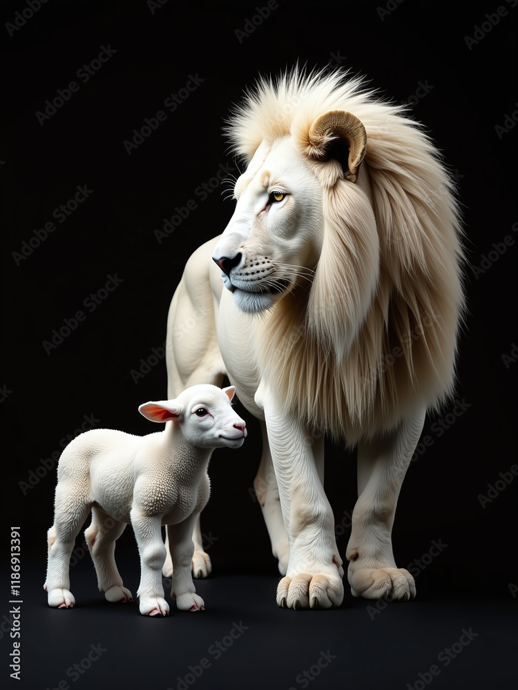 Poster A Profile Of A White Lamb And Lion Is Isolated On A Simple Black Background With Artificial Intelligence Generated Imagery Nearby. 00003
