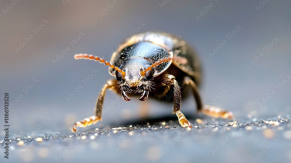 Aufkleber close up macro shot of a shiny metallic beetle showcasing intricate details against a blurred natura
