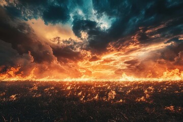 Obraz premium Fires rage across the landscape under a dramatic sky at sunset with smoke rising and orange flames illuminating the dark atmosphere