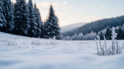 Obraz premium Serene Snow Covered Winter Landscape with Pine Trees and Soft Morning Light : Generative AI