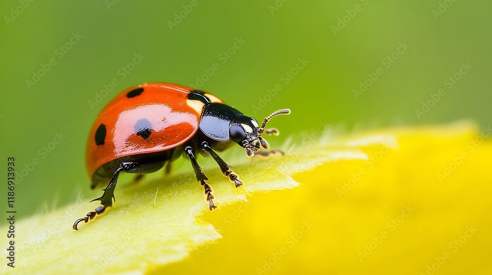 Poster Closeup of Red Ladybug on Yellow Surface in Natural Setting : Generative AI