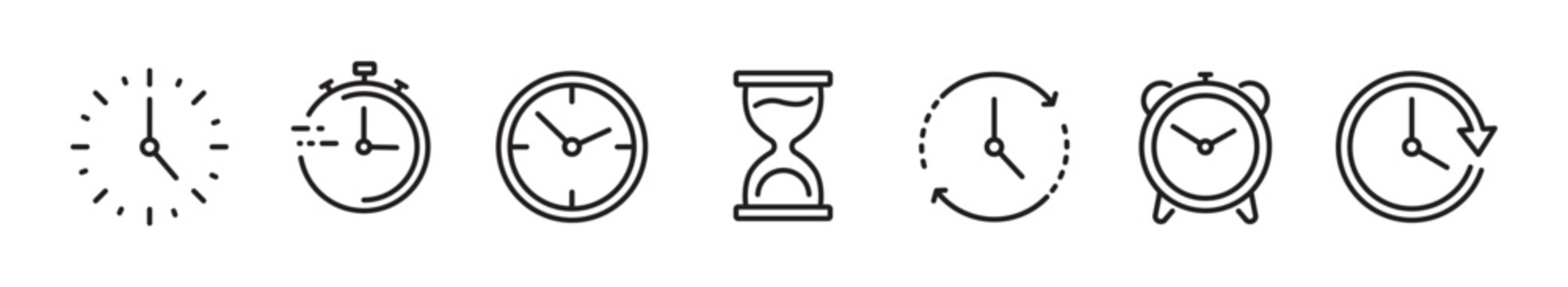 Timers and clock icon set. Time line symbol. Containing clock, stopwatch, hourglass and more Vector illustration