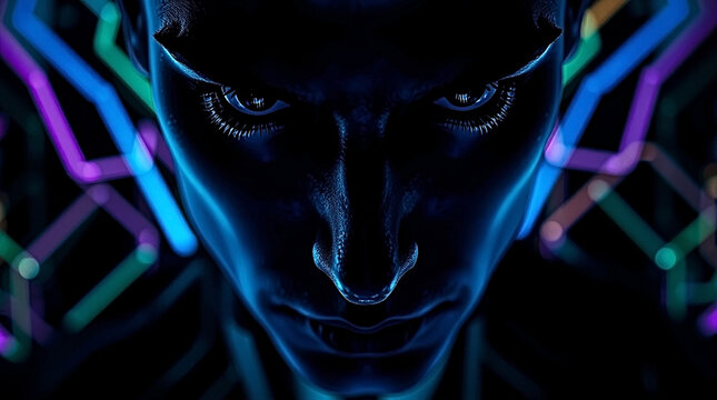 Tight close-up, contrasting chiaroscuro lighting. Futuristic background glowing circuit lines, abstract geometric patterns, holographic interfaces. Neon blue, purple, green