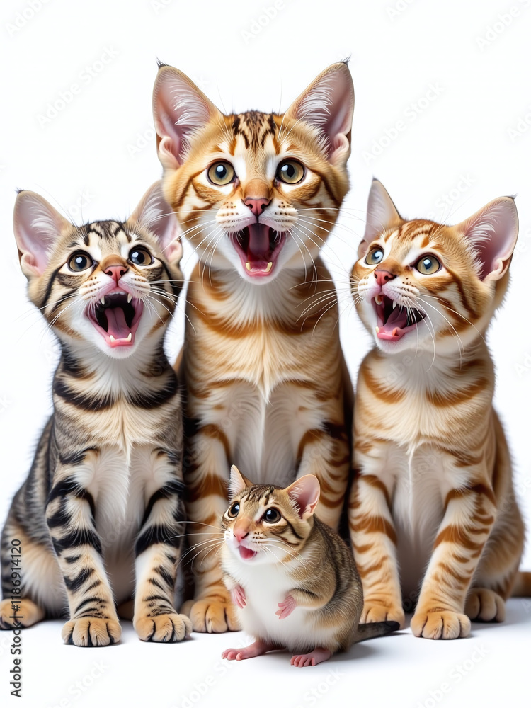Poster a portrait of three surprised animals, cats and a mouse, isolated against a white background with tr