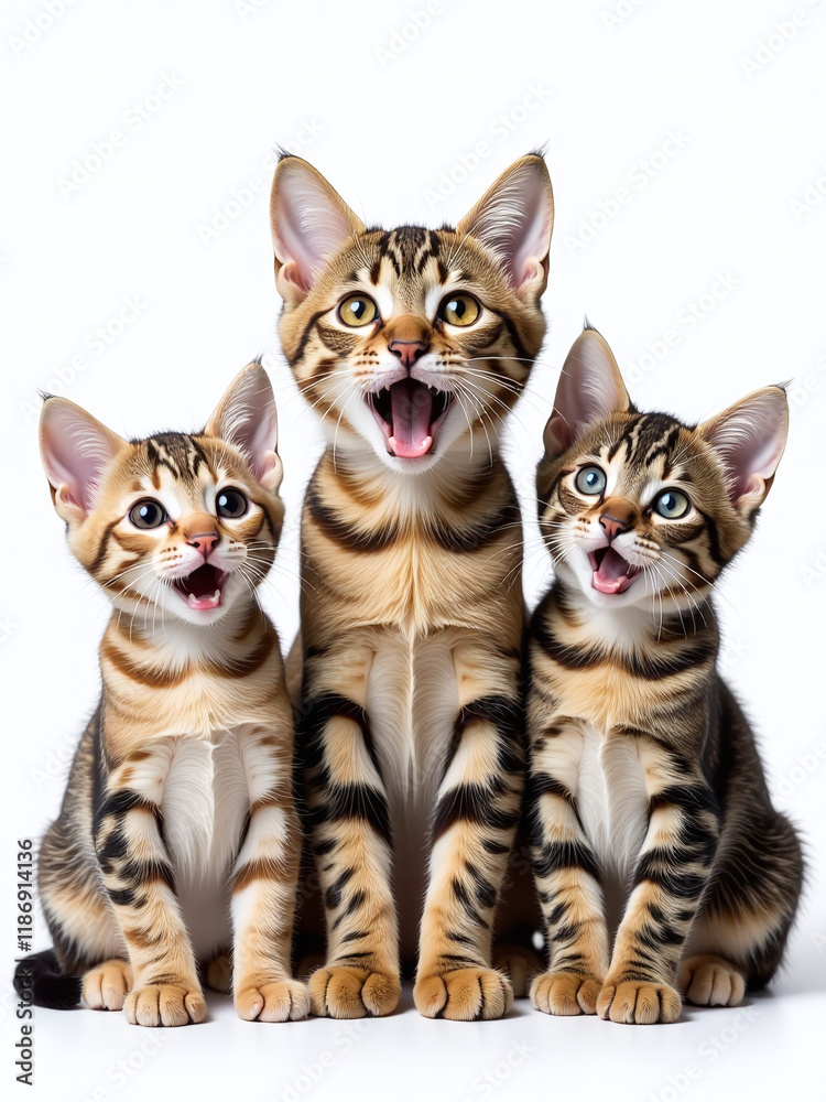 Poster a portrait of three surprised animals, cats and a mouse, isolated against a white background with tr