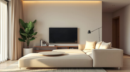 Fototapeta premium sunlit minimalist living room features a beige sectional sofa round coffee table.