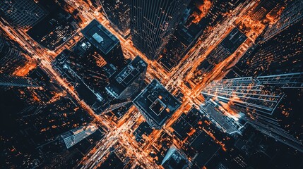 Aerial night view of city intersection, glowing lights, urban landscape, website banner.